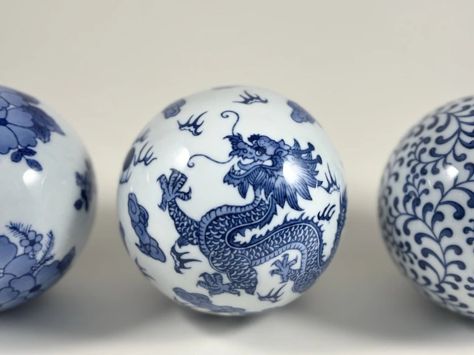 Антикварный китайский фарфор керамический синий/белый ковер мяч набор из 3 (4 дюйма) - Изображение 2 из 4