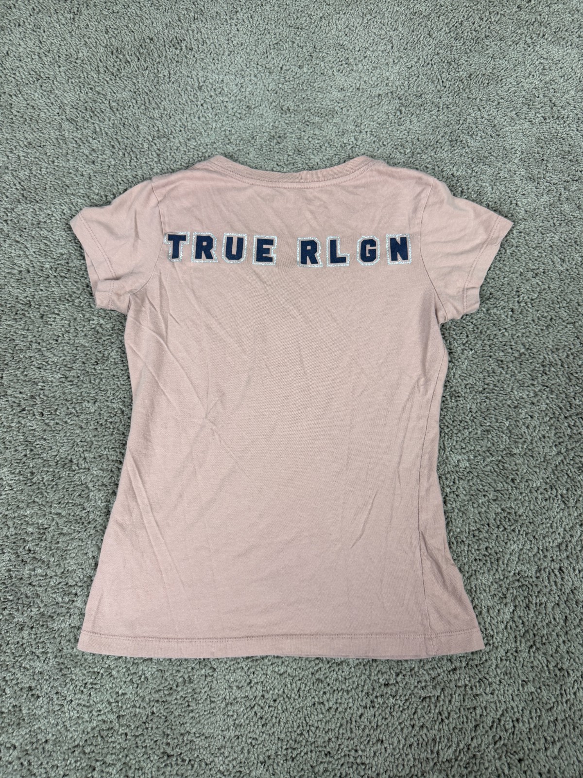 True Religion Shirt Womens Extra Small Pink Black Glitter Logo V Neck Tee thumbnail 8