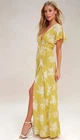 LULUS Yellow Floral Sz Medium Business Casual Slit Sleeve Wraparound Maxi Dress