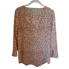 Collective Concepts Women's Orange And Turquoise V Neck Top With Tab Sleeves...