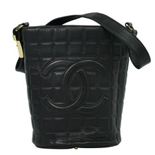 CHANEL CC Chocolate Bar Leather Shoulder Bag Black Gold