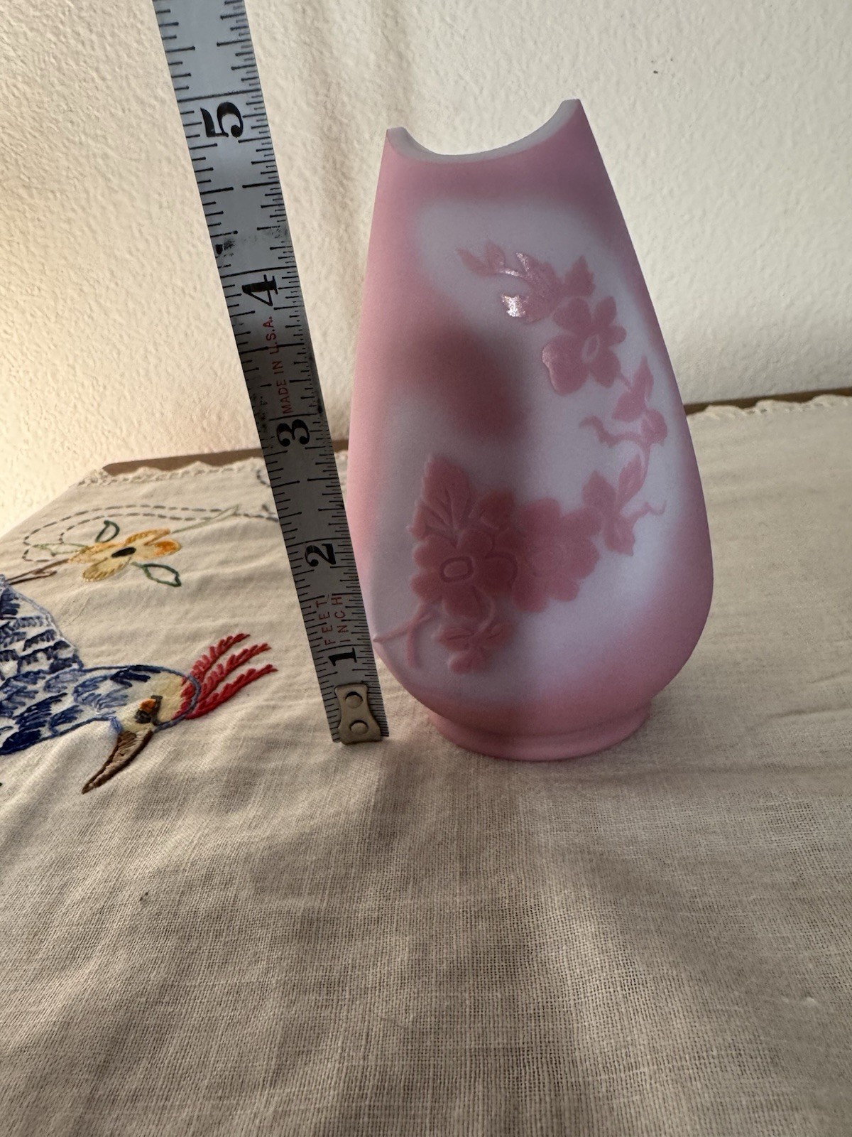 Vintage Satin Glass Etched Pink Fenton Vase Small
