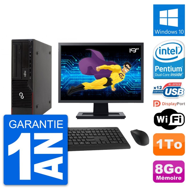 PC Fujitsu E910 DT Ecran 19" Intel G630 RAM 8Go Disque Dur 1To Windows 10 Wifi