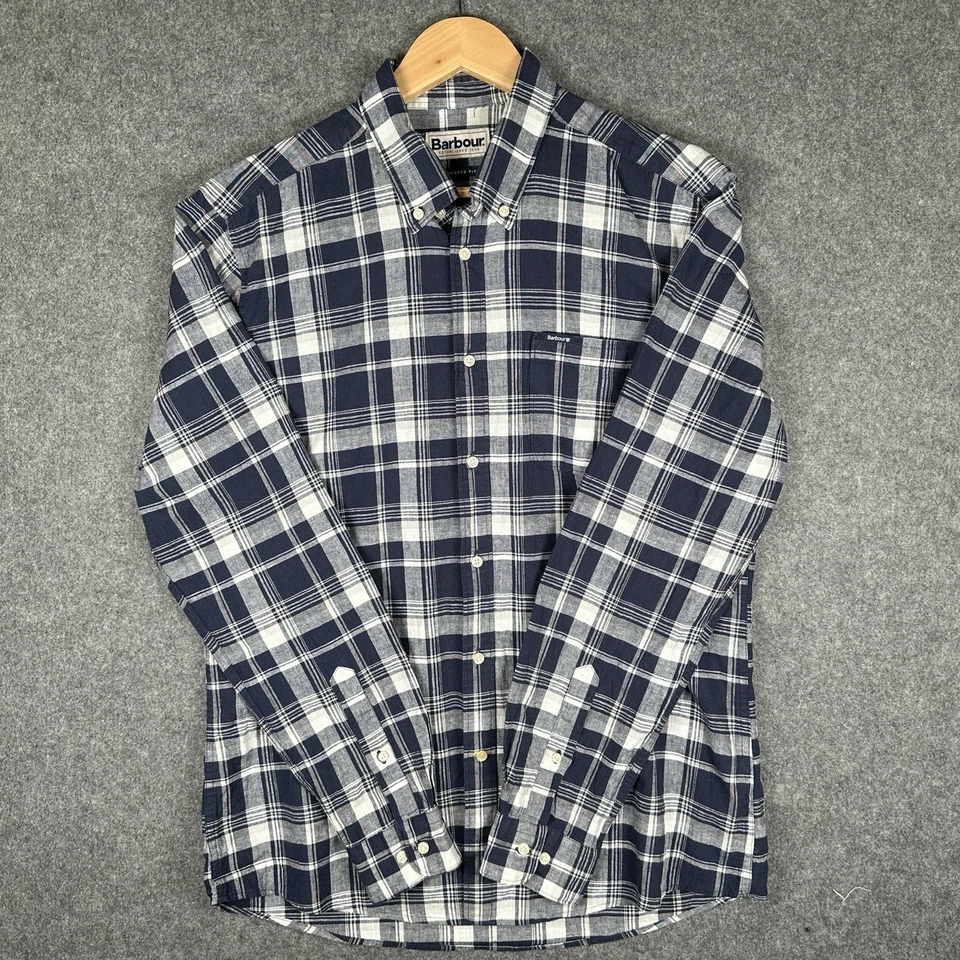 Barbour Shirt Mens Large Linen Blend Blue Plaid Check Long Sleeve Tailored Fit — 第 2/4 张图片