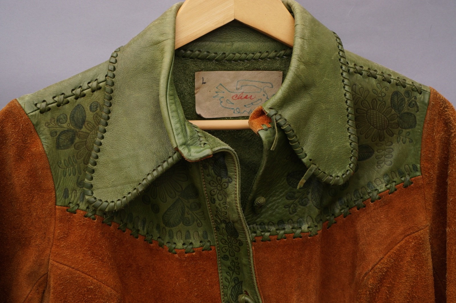 Vtg 1970s Char Leather Jacket Whip Stitch Painted Sue… - Gem