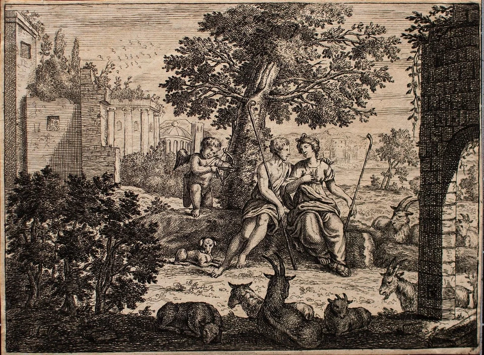 Daphnis Chloe Amor Liebe Paar Hirten Idylle Kupferstich Barock unbekannt - Bild 2 von 3