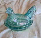 Fenton Rooster Hen On Nest Iridescent Aquamarine Blue Green Carnival Glass