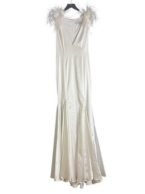  エックス NEW Mac Duggal 68137 Satin Feather Shoulder V-Neck White Gown