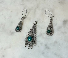 Vintage Israel 925 Silver Eilat Solomon Stone Filigree Pendant Earrings Set