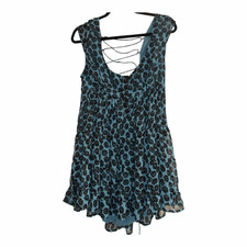 Urban Outfitters Blue & Black Floral Lace-Up Back Babydoll Mini Sz Large Dress