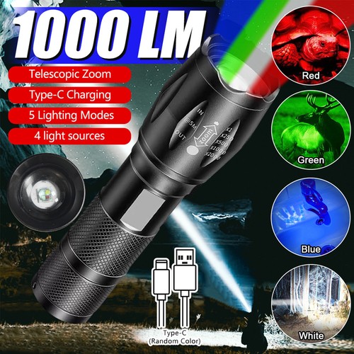 Taktisch 4 in 1 Zoom RGBW Rot Grün Blau Weiß Taschenlampe Licht LED Jagd Lampe - Bild 1 von 12