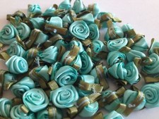 SMALL MINI SATIN RIBBON ROSE BUDS FLOWERS WITH SATIN GREEN LEAVES APPLIQUE CRAFT