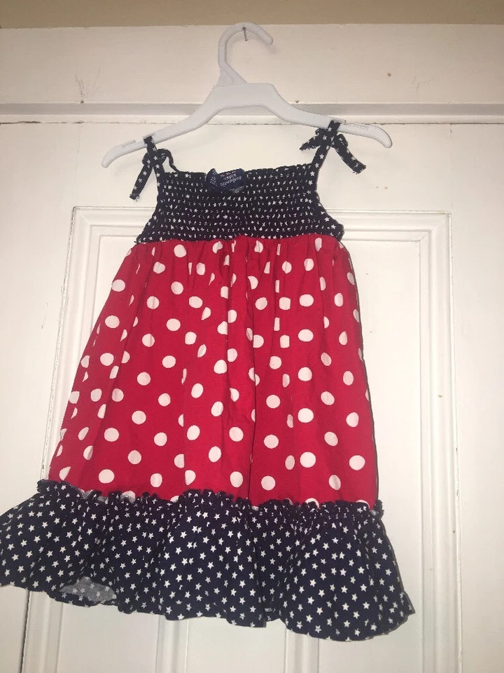 Auténtico Vestido Patriótico Niños Rojo Blanco Azul Lunares Talla 24m Volantes Foto 2 de 3