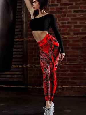 High-Waisted Elegant Women's Red Snake-Skin Print Leggings, Stretchy, All-Season