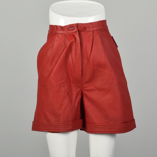 XS 1980s Red Leather Shorts Pleated 