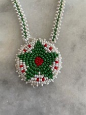 Vintage Native American Beaded Medallion Circle Necklace Green Star