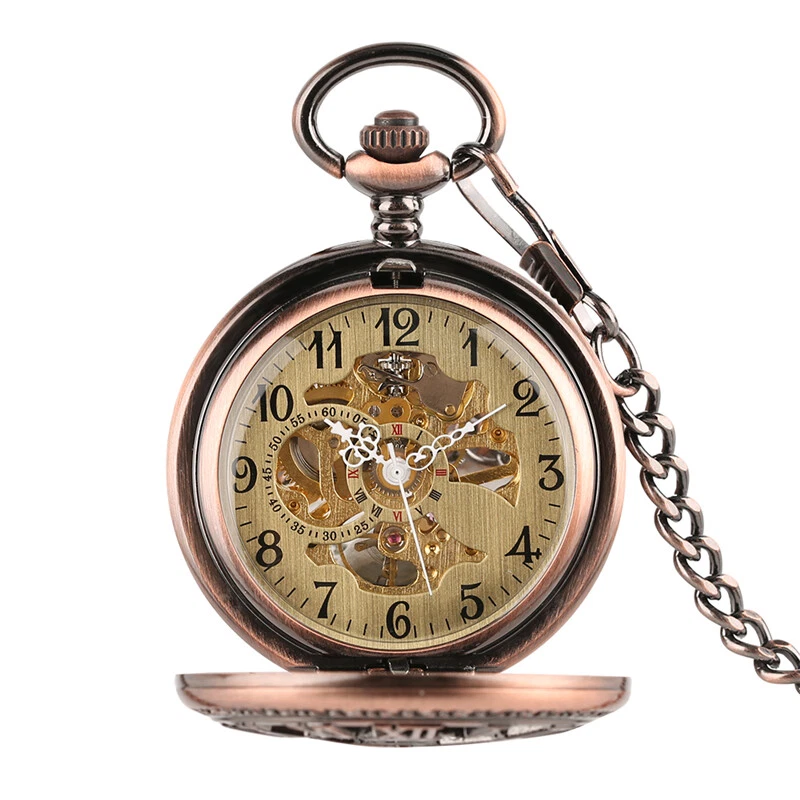 Reloj de Bolsillo Mecánico Steampunk Hombre Cuerda Manual Engranaje con Cadena Rojo Cobre Foto 3 de 4