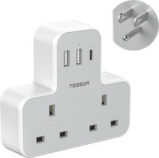 UK to US Plug Adaptor with 3 USB Ports 2 AC Outlets 5 in 1 Travel Adapter Type B
