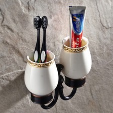 Oil Rubbed Bronze Bathroom Dual Ceramic Cups Wall Mount Toothbrush Holder Set