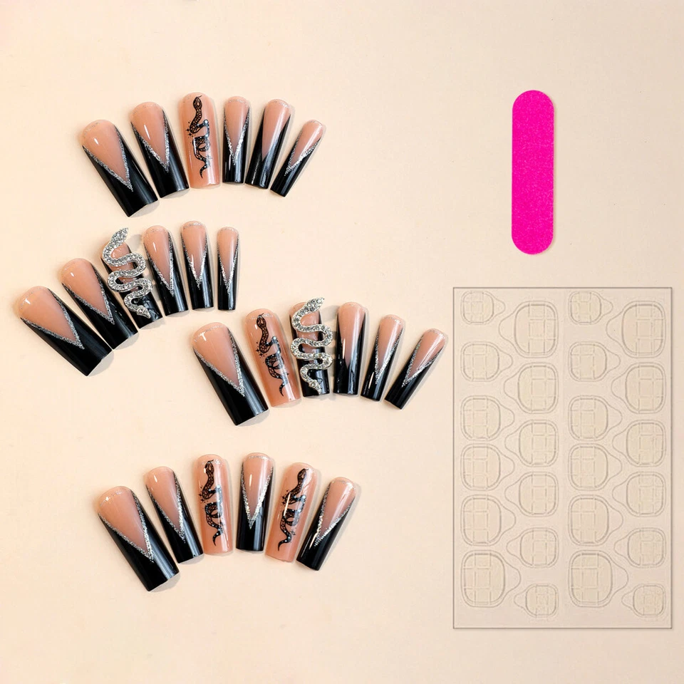 Square Fake Nail Snake Rhinestone False Nail Black Edge Black Edge Nail Tips - Image 3 of 4