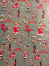 Grinch Max Cindy Lou Who Green Christmas Gift Wrapping Paper 2 Yards FOLDED