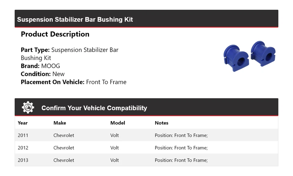 Kit de buje de barra estabilizadora de suspensión para Chevrolet Volt 2011-2013 MOOG 2011 Foto 2 de 3