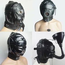 Open Mouth PU Leather Head Harness Irrigation Funnel Hood Headgear Bondage BDSM