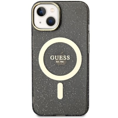 Guess iPhone 15, 14, 13 MagSafe Hülle Case Cover Glitter Gold black