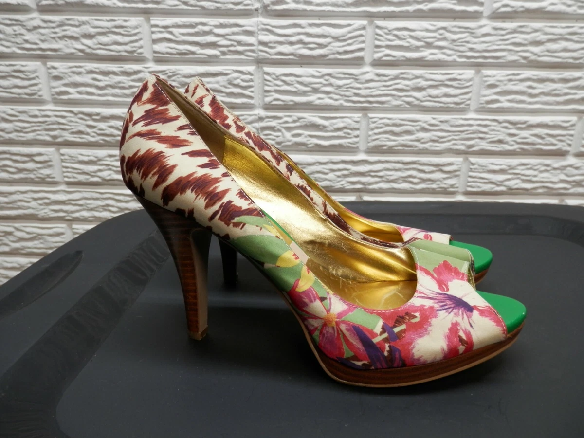 Nine West NWDANEE Floral Cheetah Peep Toe Wood Platform High Heels Size 9
