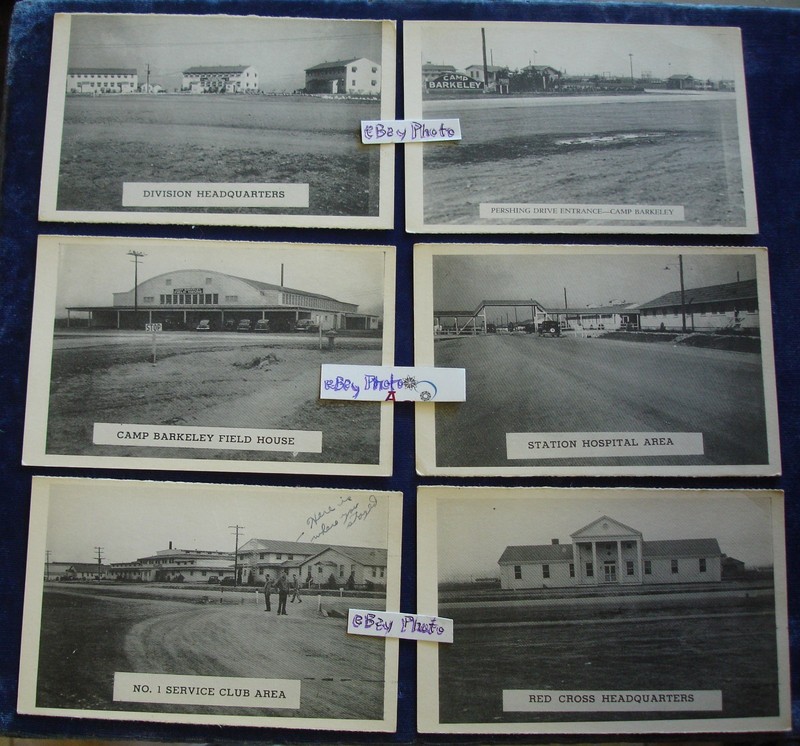 6 CAMP BARKELEY TEXAS POST CARD 1940'S HQ HOSPITAL RED CROSS FIELD HOUSE CLUB VG