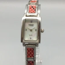 Embassy by Gruen Womens Watch Silver Tone MOP Red Inlay Band New Battery 7.25"