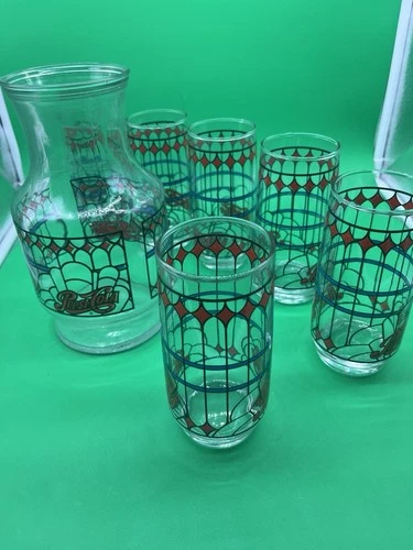 Vintage 1970s Pepsi-Cola Tiffany style-stained glass Pitcher And 6 Glasses