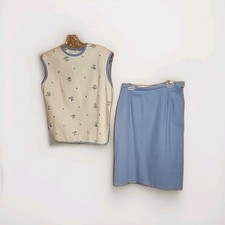 2 Pc Bobbie Brooks Top  A-Line Blue Skirt Size 9 Wool Blend Vtg Made In USA