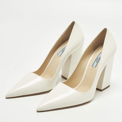 Prada Size 37.5 Cream Leather Pointed Toe Block Heel Pumps | eBay
