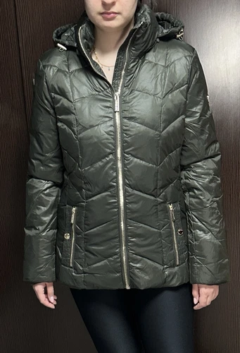 Giacca donna Michael Kors taglia M L verde giacca trapuntata nylon casual cappuccio BX19