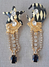 Vintage Lunch at the Ritz Star And Moon Earrings Gold Black  White