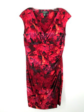 LAUREN RALPH LAUREN Midi Sheath Dress Women 10 Red Floral Ruched V-Neck Tropical