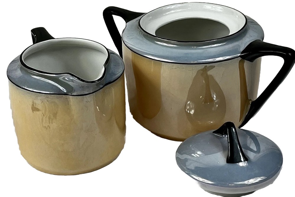 Vintage Art Deco Peach & Gray Lusterware Tea/Snack Bavaria Creamer & Sugar Set - Thumbnail 4