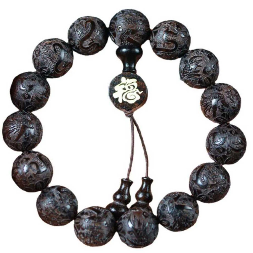 15MM Ebony Carved dragons phoenixes Cuff Mala Lucky Bracelet Handmade - Image 2 of 4
