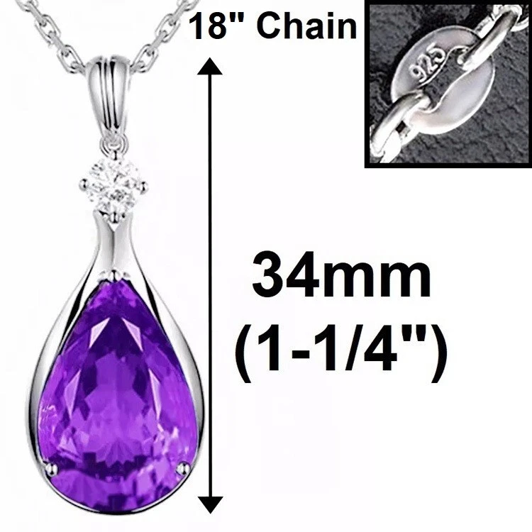 925纯银女式18英寸优雅紫水晶宝石吊坠项链D348 — 第 3/4 张图片