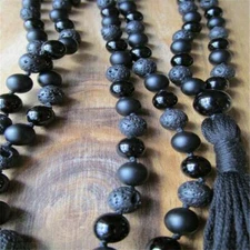 6MM Lava Black Onyx Gemstone 108 Beads Tassels Necklace Sutra Mala Handmade