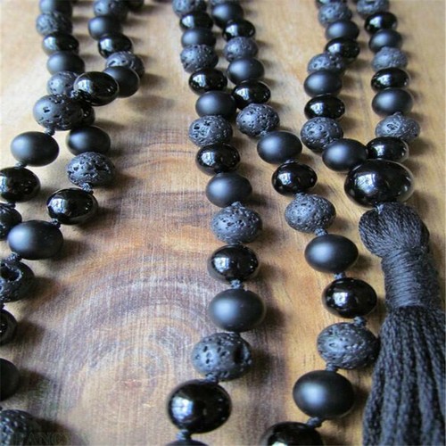 6MM Lava Black Onyx Gemstone 108 Beads Tassels Necklace Sutra Mala Handmade - Picture 1 of 3