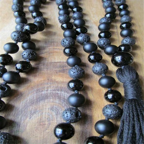 6MM Lava Black Onyx Gemstone 108 Beads Tassels Necklace Sutra Mala Handmade - Picture 2 of 3