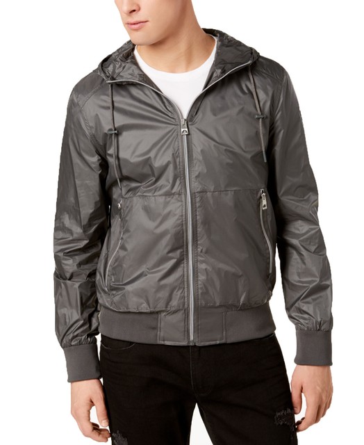 Guess Menâs Hooded Windbreaker (Medium Gray, Medium) for sale online