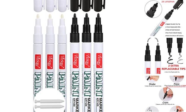 Black and White Markers Metallic Oil-Based Paint Pens Set of 6 - Perfect for 