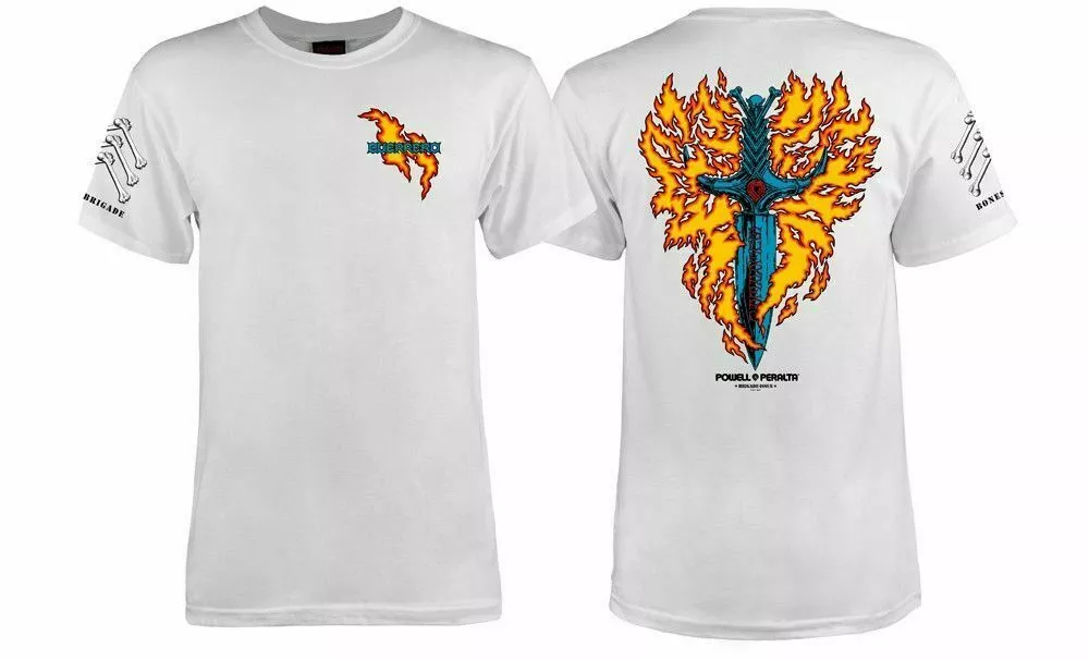 Powell Peralta BONES BRIGADE Tommy Guerrero FLAMING DAGGER T Shirt WHITE