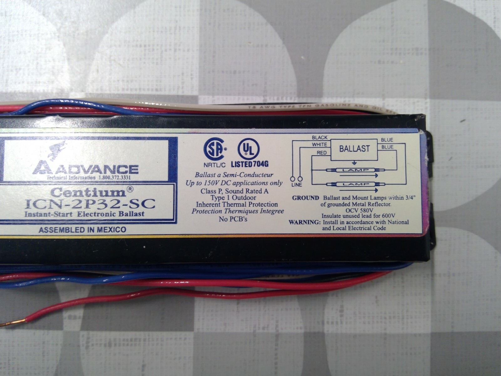 Advance ICN2P32SC 2 T8 InstantStart Electronic Ballast **Free