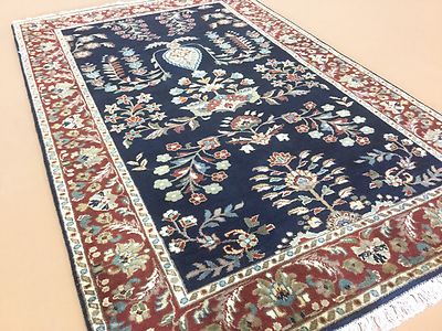 3'.2'' X 5'.1'' Navy Blue Rust Floral Traditional Oriental Rug Hand Knotted Wool