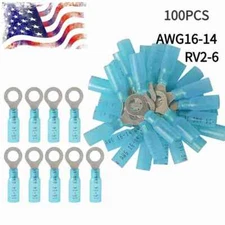 16-14 AWG Blue Heat Shrink Wire Connectors Insulated Crimp Ring Terminals 100PCS