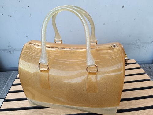 Furla Candy Bag Gold Tone Glitter Jelly Satchel Rubber Rare Padlock Italy - Picture 6 of 10